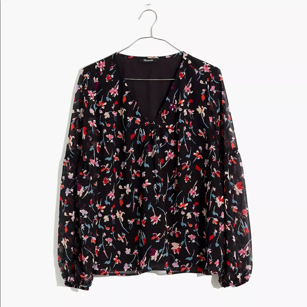 Madewell Shirred-Sleeve V-Neck Top in Drifting Flowers